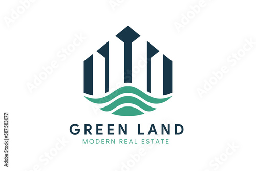 green land logo design template. Illustration Building house Architecture with wave green circle shape branding.