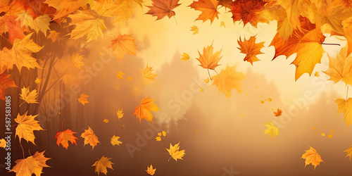 Flying fall maple leaves on autumn background. Falling leaves, seasonal banner with autumn foliage, generative AI