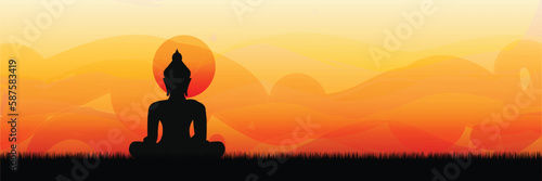 Buddha sitting on sunset or sunrise background. buddha silhouette vector illustration.