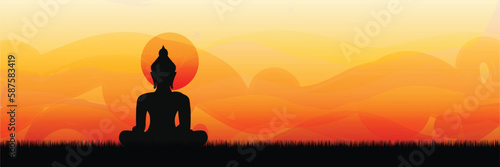 Buddha sitting on sunset or sunrise background. buddha silhouette vector  illustration.