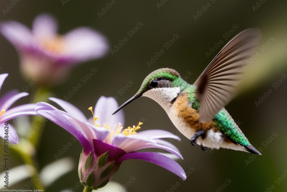 Rufous Hummingbird flying and aiming on a flower nectar in a tropical rainforest. Wildlife concept of ecological environment. Generative AI Rufous Hummingbird flying and aiming on a flower nectar in a tropical rainforest. Wildlife concept of ecological environment. Generative AI