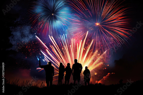 three people watching fireworks in the night sky with colorful fireworks behind them, silhouetted against black background. Generative AI