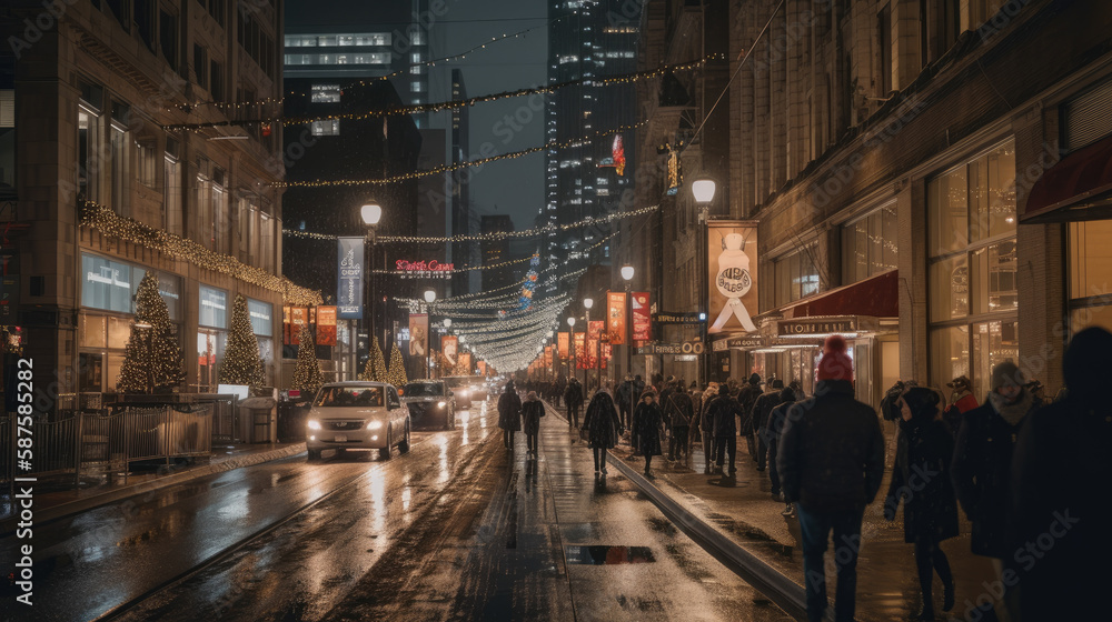 Obraz premium people walking down a city street at night with christmas lights strung across the street and buildings in the background. Generative AI