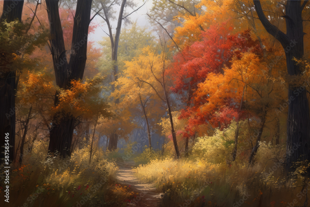 an autumn forest with yellow and red leaves on the ground, as if it's not raining or fog. Generative AI