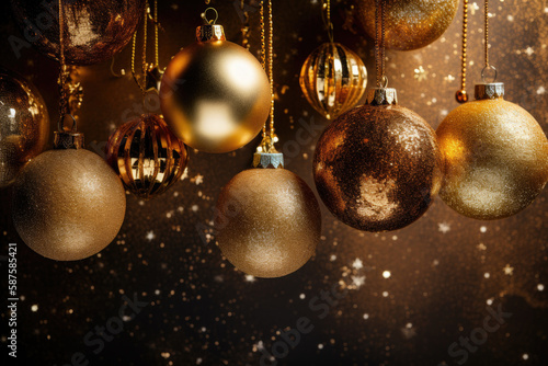 gold and silver ornaments hanging from the ceiling in front of a black background with snowfloored stars above them. Generative AI