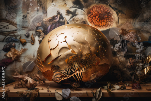 a skull surrounded by skulls and other things on a table with flowers, butterflies, moths, and leaves in the background. Generative AI