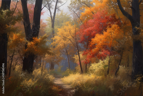 an autumn forest with yellow and red leaves on the ground  as if it s not raining or fog. Generative AI