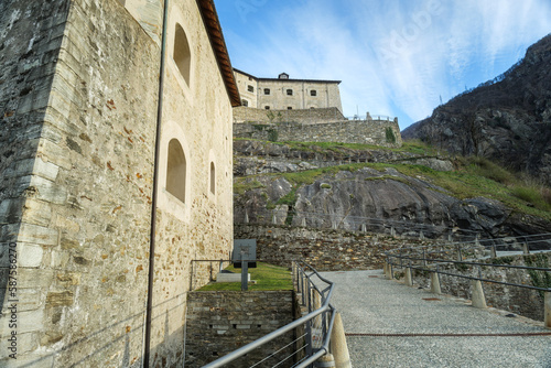 Bard, Italy. View of the path leading to the Forte di Bard, an ancient military fortress located at the entrance to the Aosta Valley, a few kilometers from the border with Piedmont. 2023-03-25.