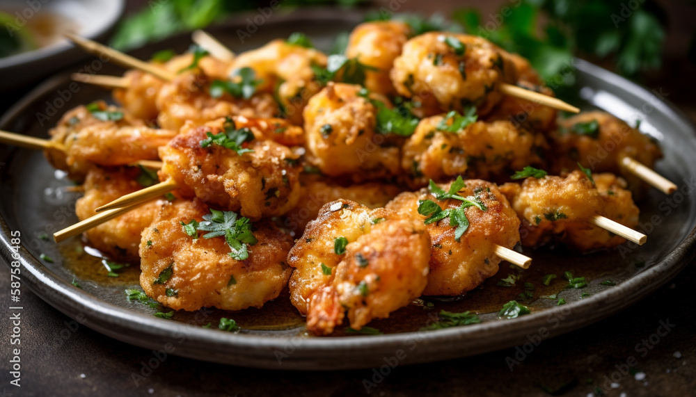Grilled skewers of meat and vegetables on plate generated by AI Grilled skewers of meat and vegetables on plate generated by AI