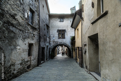 Bard  Italy. Ancient buildings in the historic center of the ancient village. View from Via Vittorio Emanuale II. 2023-03-25.
