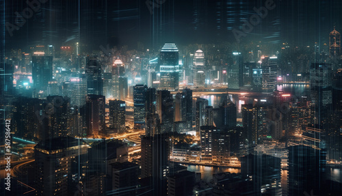 Glowing city skyscrapers illuminate the dark night generated by AI