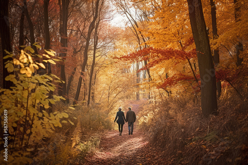 two people walking down a path in the woods with autumn leaves on the ground and trees turning to their left. Generative AI