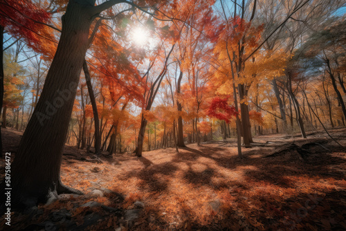 an autumn forest with trees and leaves turning in the fall colors, as if they'reutt their branches. Generative AI
