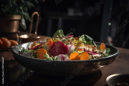 Closeup of Green Salad with Copy Space. Fresh and Healthy Salad on Restaurant Table