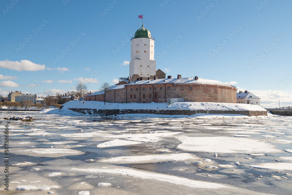 View of the ancient Vyborg castle on a sunny March day. Leningrad region, Russia