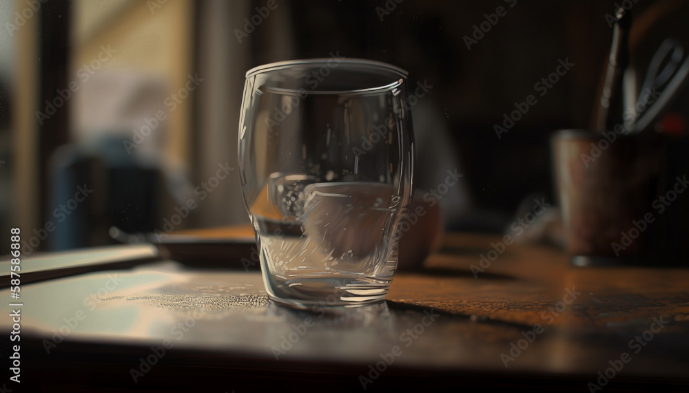 Wooden desk, single glass, ice, whiskey pouring generated by AI Wooden desk, single glass, ice, whiskey pouring generated by AI