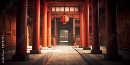 Monastery hallway with wooden red Torii archway - Generative AI