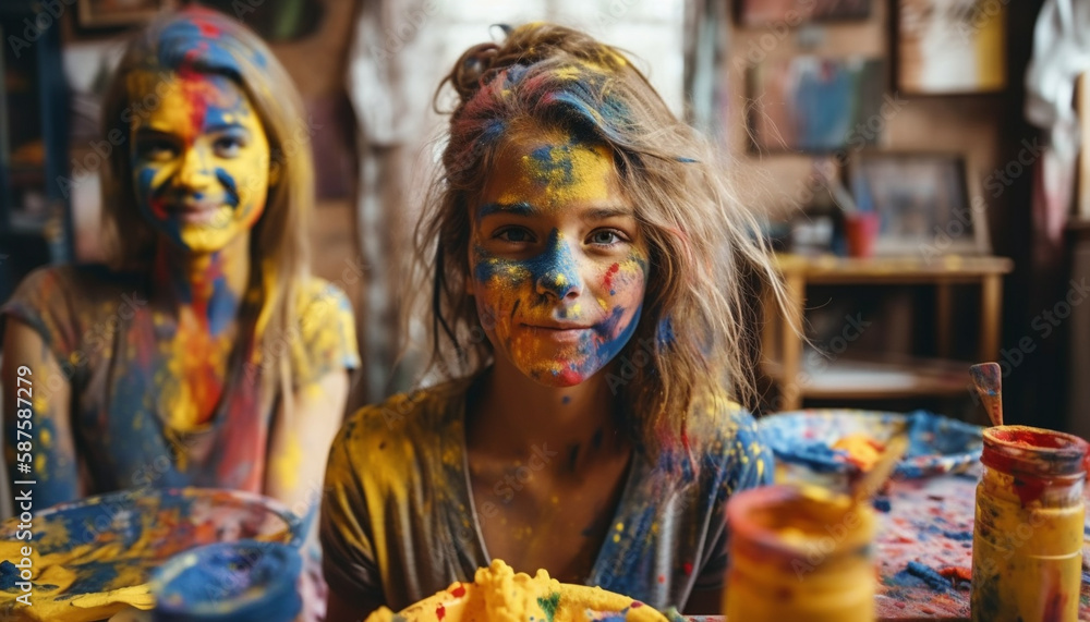 Smiling caucasian girls enjoy messy painting fun generated by AI Smiling caucasian girls enjoy messy painting fun generated by AI