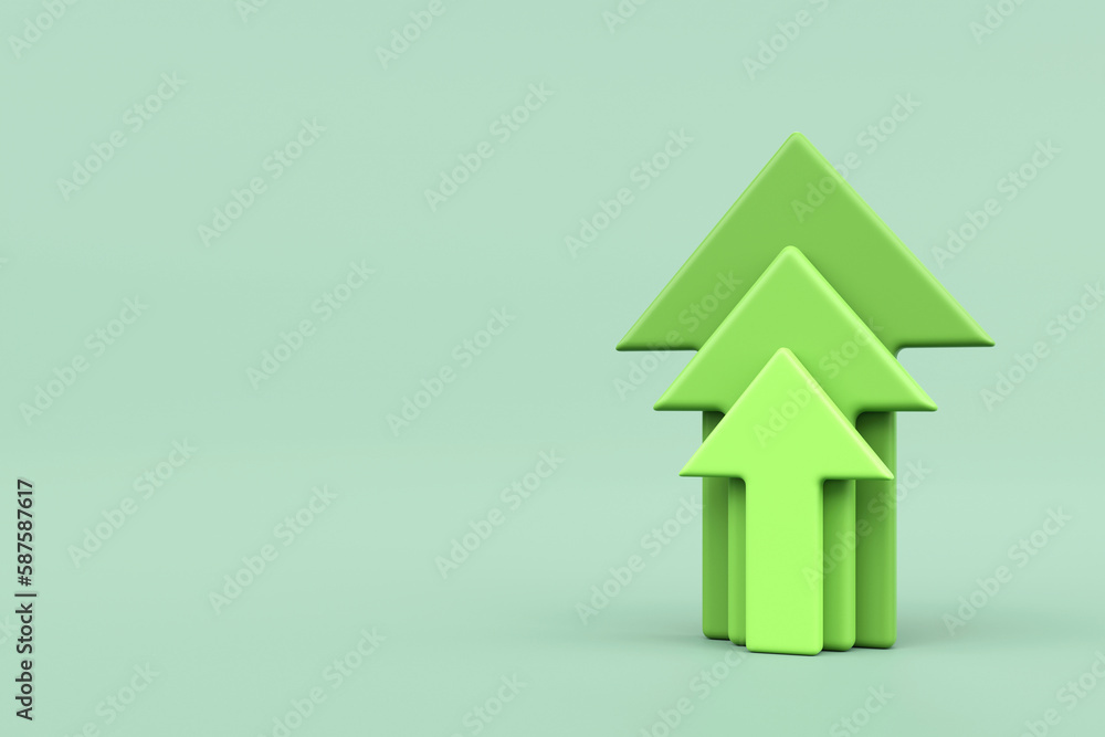 Green stair step to growth success, Green growth arrows pointing up. progress way and forward achievement creative concept, copy space, 3d rendering