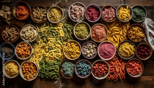 Variety of healthy spices adorn wooden bowl generated by AI
