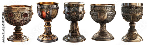 A collection of five different medieval chalices on a transparent background, Generative AI photo