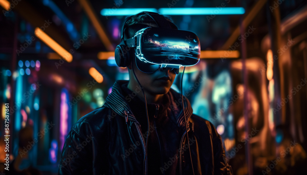 One man in the future watching city nightlife generated by AI One man in the future watching city nightlife generated by AI