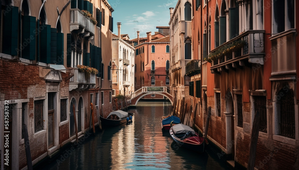Gondola glides through Venetian canals at dusk generated by AI