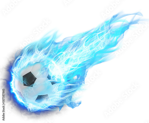 青い炎に包まれたサッカーボール_背景透過
