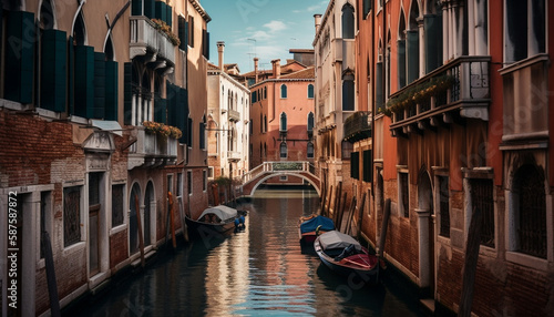 Gondola glides through Venetian canals at dusk generated by AI