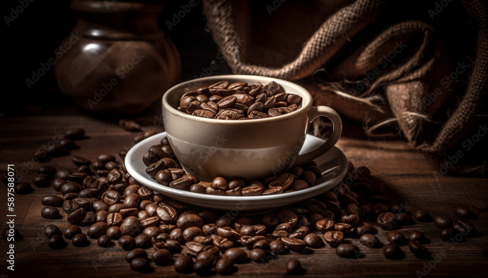 Dark coffee beans in rustic sack heap generated by AI Dark coffee beans in rustic sack heap generated by AI