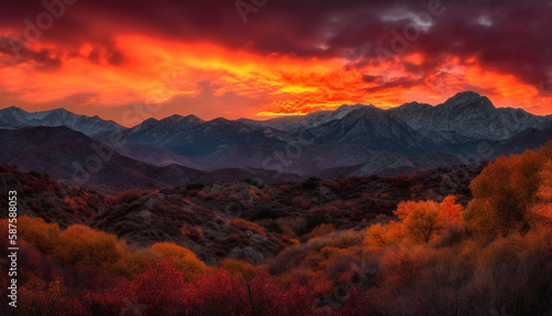 Majestic mountain range, tranquil dusk, orange horizon generated by AI