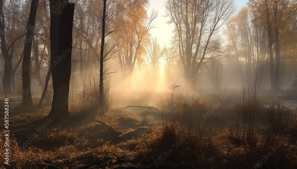 Naklejka premium Autumn sunrise, fog on the meadow, mystery generated by AI