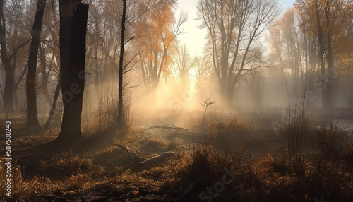 Autumn sunrise  fog on the meadow  mystery generated by AI