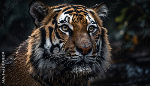 Majestic Bengal Tiger, Staring Intensely in Forest generated by AI