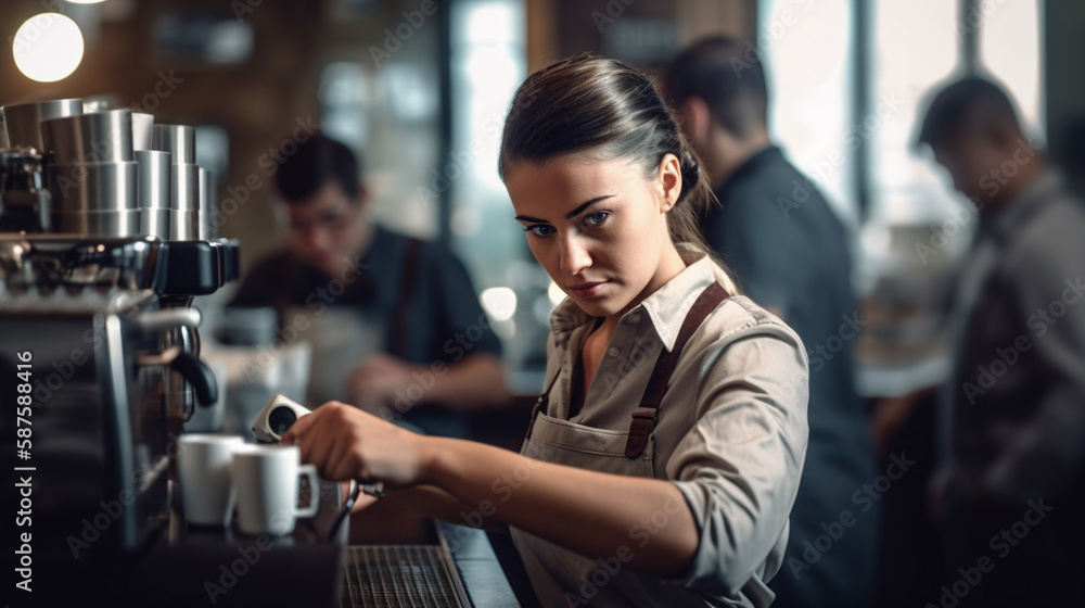 female barista making coffee or espresso drinks during a busy rush hour in coffee shop with Generative AI