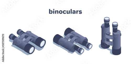 isometric vector illustration isolated on white background, icon of binoculars back and front view, business vision or search
