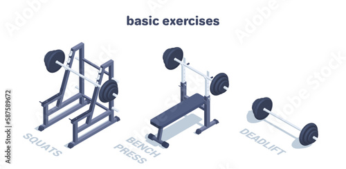 isometric vector illustration isolated on white background, basic exercises, squat rack and barbell and bench press rack, powerlifting