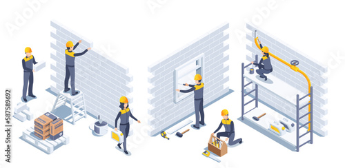 isometric vector illustration on a white background, people in overalls work at a construction site, external construction work