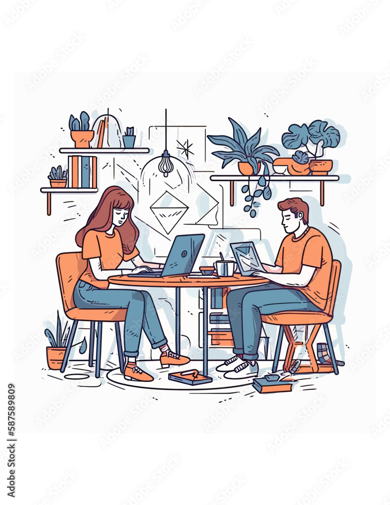 Illustration of men and women working at home with a laptop.