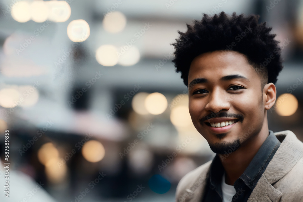 Portrait of happy smiling african american man enjoys shopping time at mall. Generative AI Portrait of happy smiling african american man enjoys shopping time at mall. Generative AI