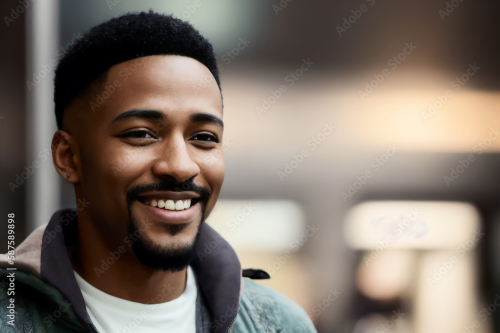 Portrait of happy smiling african american man enjoys shopping time at mall. Generative AI Portrait of happy smiling african american man enjoys shopping time at mall. Generative AI