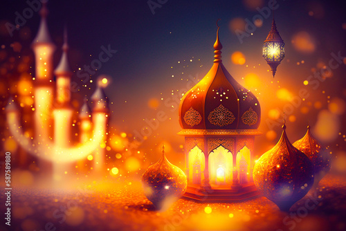 Ai generated image of classic lamp with mosque shape with eid fitr celebration event.