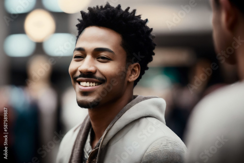 Portrait of happy smiling african american man enjoys shopping time at mall. Generative AI