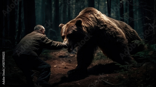 brown bear attacking a men in the woods