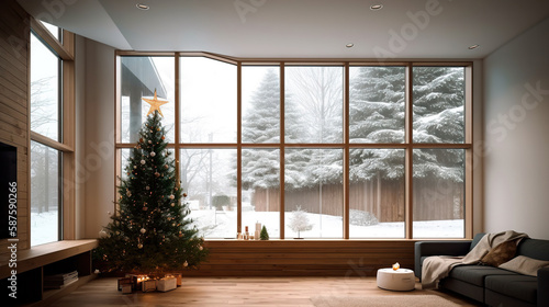 modern living room with Christmas tree