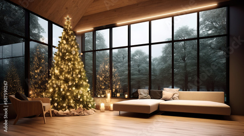 modern living room with Christmas tree