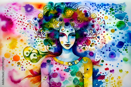 portrait of a beautiful girl with colorful hair and watercolor paints