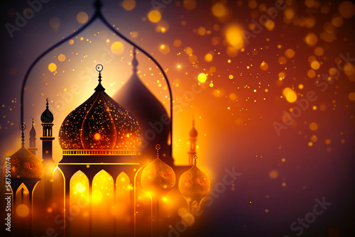 Ai generated image of classic lamp with mosque shape with eid fitr celebration event.