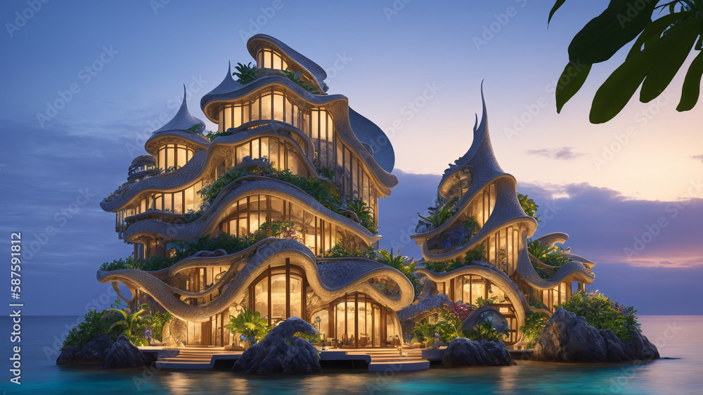 Obraz premium Illustration of an Art Nouveau style mansion on a tropical island - AI Generated