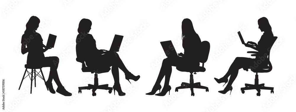 Business women group working on laptop and sitting on office chair silhouette set.